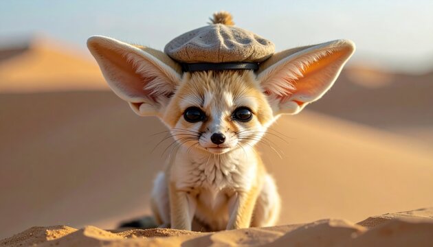 Adorable Fennec Fox with Hat in Desert Landscape Portrait.