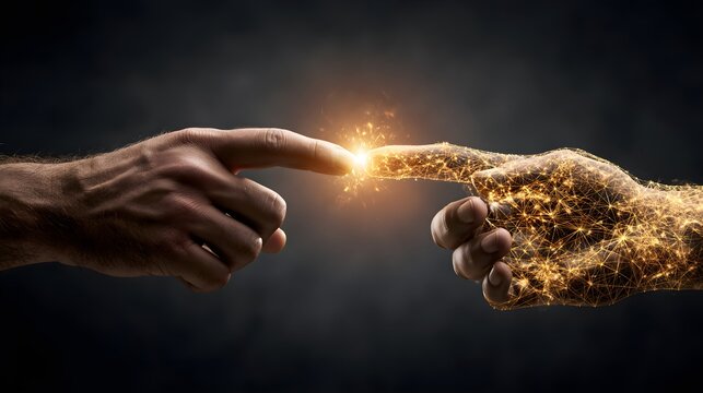Human hand meeting golden wireframe AI hand with spark