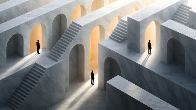 Surreal white marble labyrinth with impossible stairways