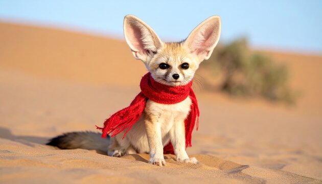 Adorable Fennec Fox with Red Scarf in Desert Landscape.