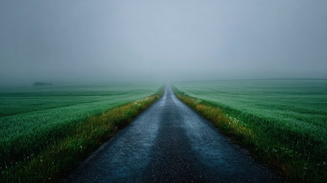 Dark Asphalt Road Heading into Deep Fog Surrounded by Lush Green Grassland