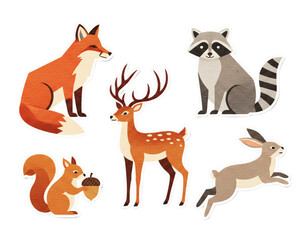Fototapeta premium Forest Dwellers: A sticker collection including a detailed red fox, a clever raccoon, a squirrel holding an acorn, a dynamic rabbit, and a deer with antlers.