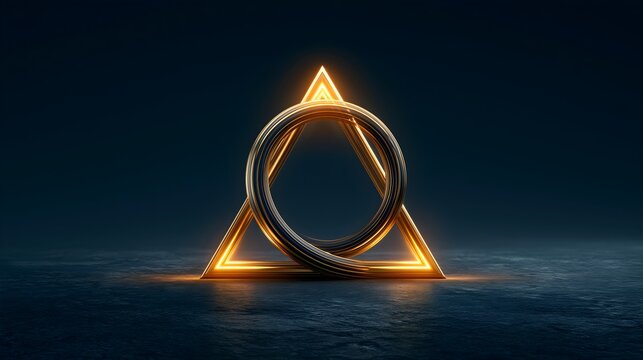 Penrose triangle paradox gold line art on dark blue