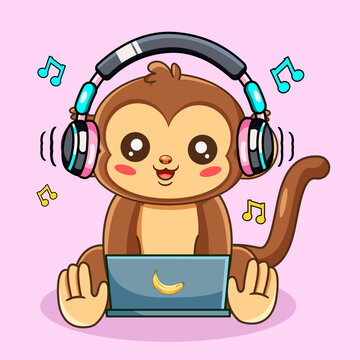 Cute Monkey Wearing Headphones Using Laptop Vector Illustration Kawaii Animal