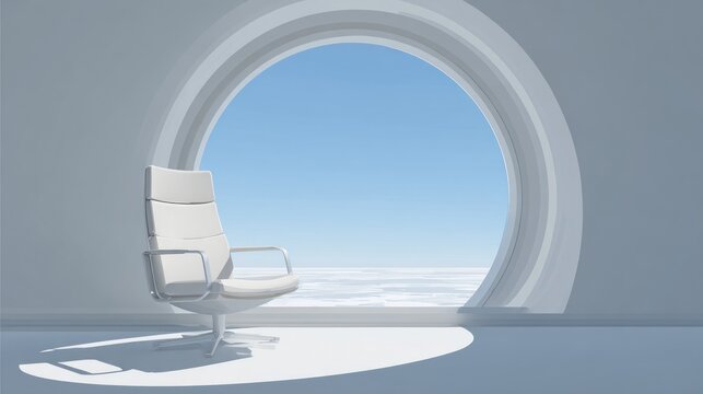 Modern office chair near a round window with blue sky and sunlight