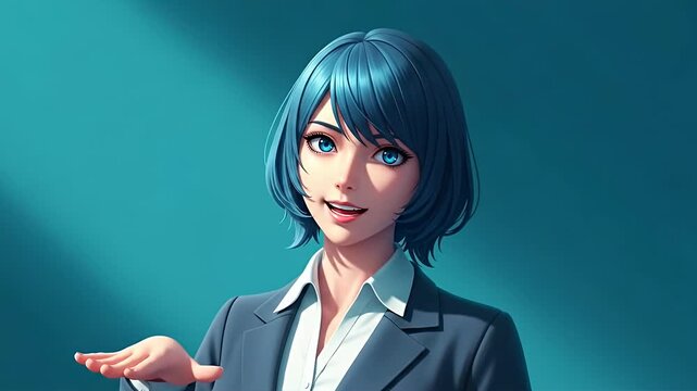 Young professional woman in suit with closed eyes, raising hand in greeting or apology