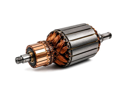 Electric motor rotor armature with copper winding isolated on white background