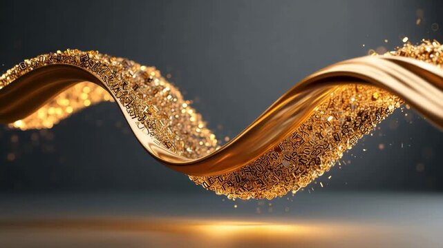 Glass letters dissolving into gold liquid language AI concept