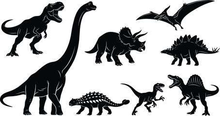 Dinosaur silhouette collection, Tyrannosaurus, Brachiosaurus, Triceratops, Pterodactyl, Stegosaurus, Ankylosaurus, Velociraptor, Spinosaurus, prehistoric vector illustration © SHAMIM