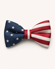 Patriotic bow tie with stars and stripes fabric on neutral background, isolated Fourth of July accessory for celebration, costume, party, and holiday design.
