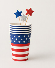 Stacked patriotic paper cups with stars and stripes plus glitter star picks on neutral background, isolated Fourth of July party supplies with copy space.