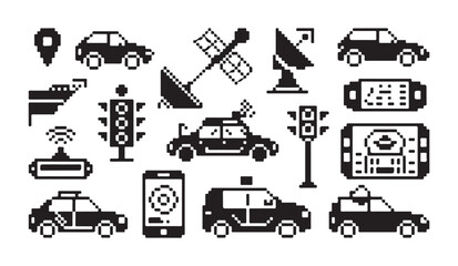 Autonomous car pixel art icons, smart traffic and vehicle technology symbols collection. © MDABDUR