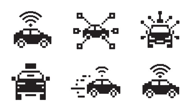 Collection of autonomous car icons showing wireless connection and sensor technology flow.