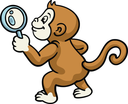 Cartoon vector illustration of a curious monkey examining a magnifying glass while walking, isolated on a white background for science and discovery themes