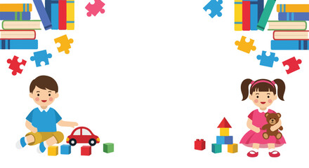 Naklejka premium A charming vector illustration features a young boy and girl playing with various toys, books, and puzzles around a central white space.