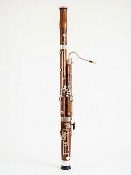 A beautiful wooden bassoon with silver keys and a reed, isolated on a white background