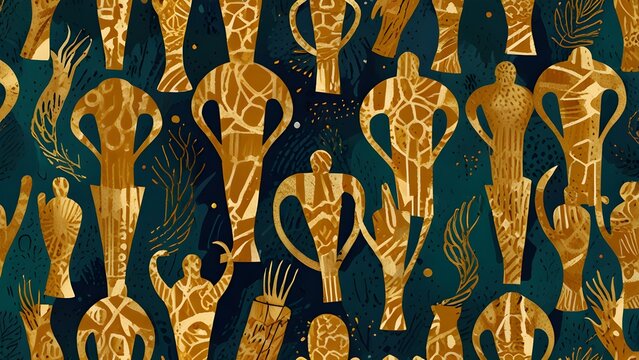 Elegant golden abstract human-like figures and organic shapes seamless pattern on deep teal background. Ethnic tribal art design.