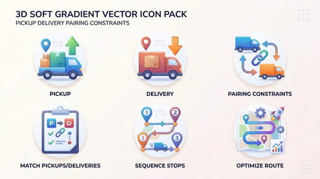 Logistics icons depicting delivery trucks, routes, and constraints on a map for pickup and sequence stops.