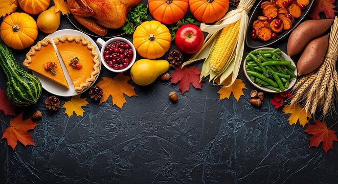 Thanksgiving food spread with traditional autumnal dishes and decorations on table