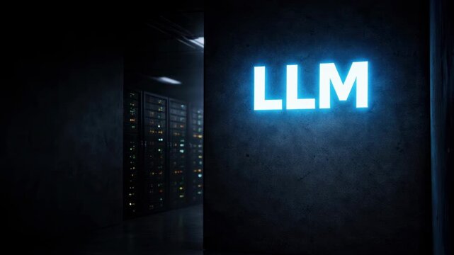 llm illuminated sign in dark server room technology background