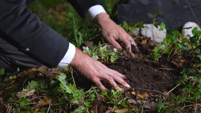Man digging damp earth with bare hand on shadowy forest floor