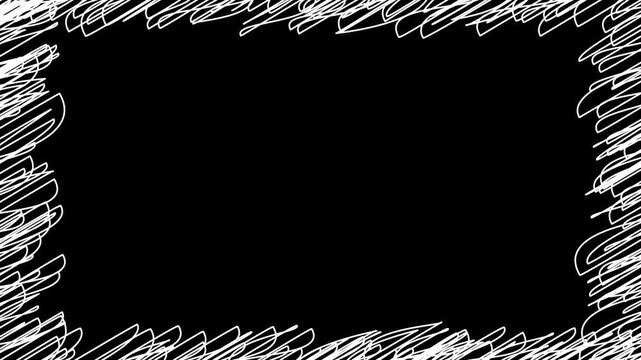 Hand drawn white scribble border frame animation on transparent background for creative grunge doodle video overlay and sketched presentation template