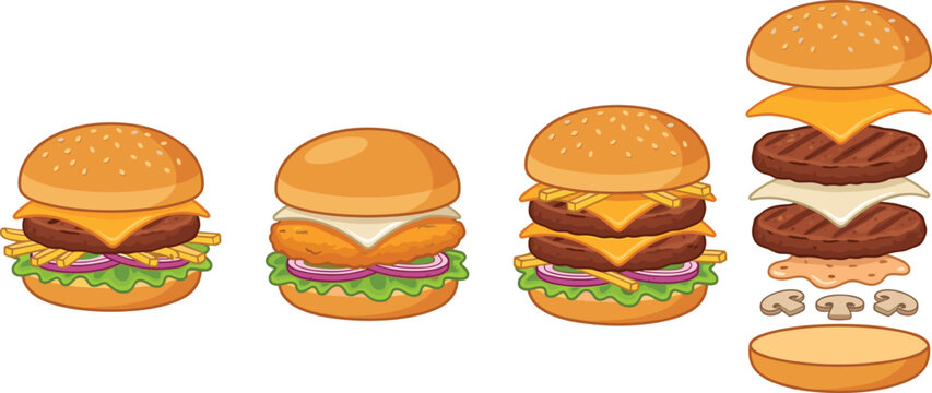 Set of diverse hamburger illustrations featuring cheeseburger chicken burger double patty and exploded view isolated on white background