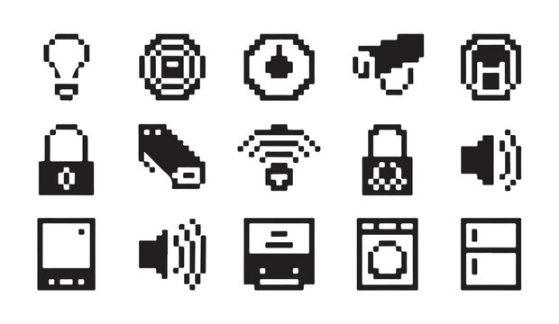 Icon collection displaying pixel art smart house equipment sensors lights and audio hardware items.