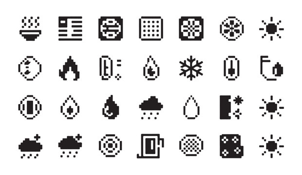 Weather and climate interface pixel art icons showing sun rain drops snowflake and thermal states.