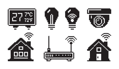 Obraz premium Smart home monitoring icons including thermometer light bulb and security camera systems.