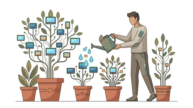 Modern flat vector illustration of a man watering potted digital trees with screens and circuit branches using binary code data droplets on a white background.
