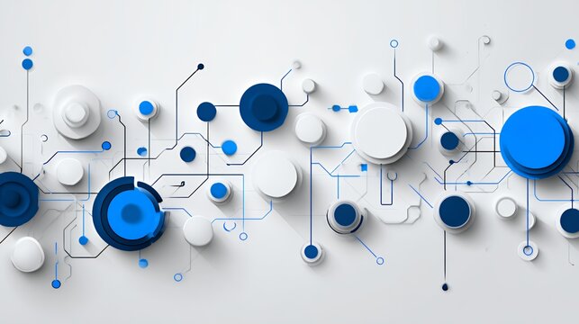Abstract futuristic technology background with white and blue 3d circular nodes and connecting lines representing digital network