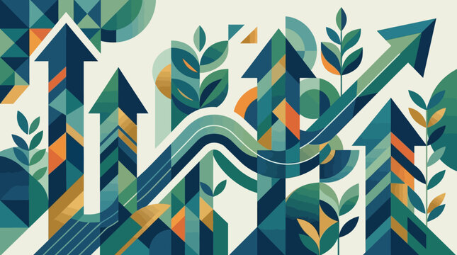 Abstract geometric vector illustration featuring upward arrows and stylized leaves in a teal, orange, and blue flat design, symbolizing sustainable business growth and success.