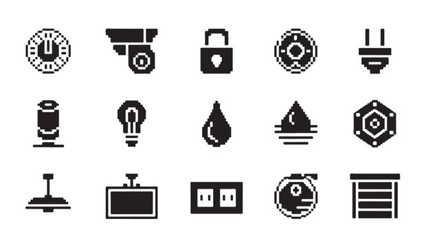 Collection of pixelated smart home and IoT hardware component icons for interface design.