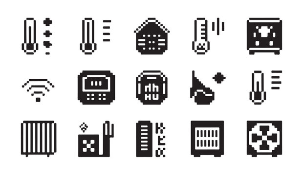 Climate control sensor icons for temperature monitoring and humidity regulation in pixels.