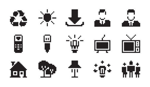 Pixel art style smart home technology icons set depicting electronic connectivity and devices.