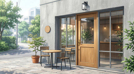 Fototapeta premium Modern Japanese Cafe Entrance with Wooden Door and Outdoor Seating