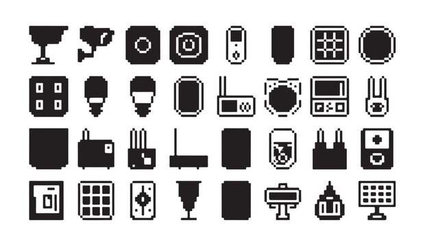 Set of pixel art icons representing various electronic components and household smart appliances.
