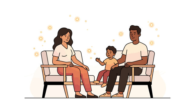 Modern vector illustration of a diverse family consisting of a mother, father, and young son sitting together on two minimalist armchairs against a clean white background with abstract lines.
