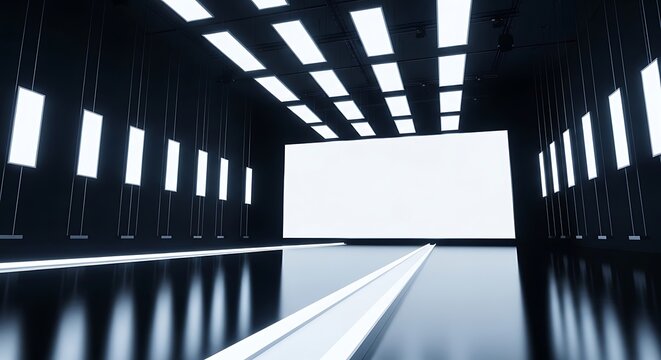A high-end virtual television set featuring a large glowing backdrop screen and modern hanging lights for broadcast production or digital stage design