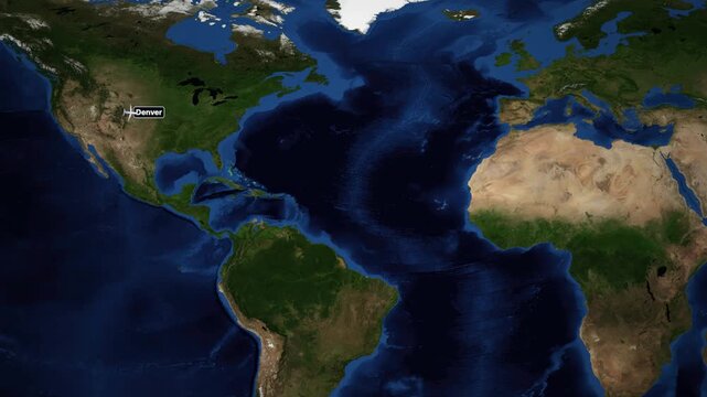 Animated Flight Route Map from Denver to Munich Across the Atlantic Ocean