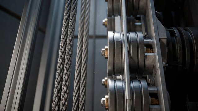Elevator drive system uses complex steel cables and rotating wheels to ensure smooth vertical transportation.