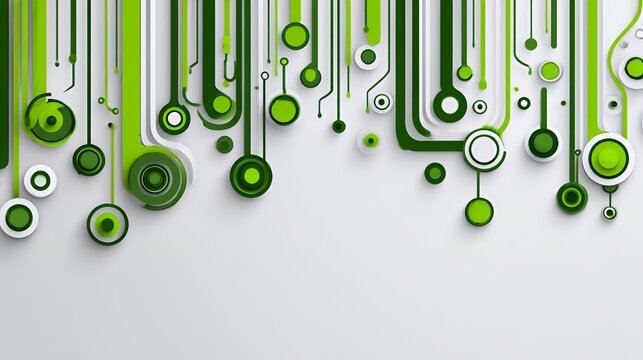 Abstract green and white printed circuit board pattern illustration with downward flowing geometric tech lines and circular nodes