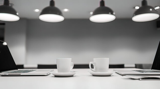 systematizing. A shared minimalist workstation with two laptops and matching coffee cups under soft lighting. lifestyle magazines.
