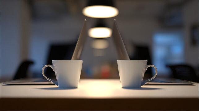 systematizing. A shared minimalist workstation with two laptops and matching coffee cups under soft lighting. lifestyle magazines.
