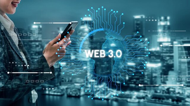 Modern Business Professional Using Smartphone with Web 3.0 Concept Against Urban Cityscape Background at Night. Entropy.