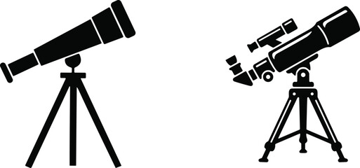 Telescope vector silhouettes on tripods set for astronomy observation isolated on clear white background graphic icon design © MdMohsin