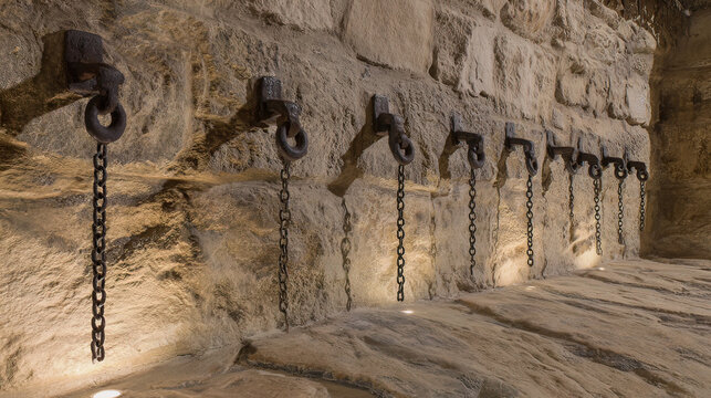 shackles. Ancient iron shackles locked on a stone wall with a hanging chain. event programs, museum guides, designed for cultural heritage projects and event programs, supports education.
