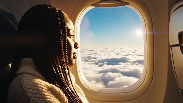 Woman looking through airplane window at fluffy white clouds.