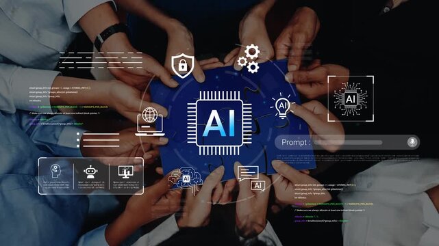 Diverse hands collaborating to showcase artificial intelligence, innovation, technology, and teamwork in a digital environment filled with graphics and data Gluon.